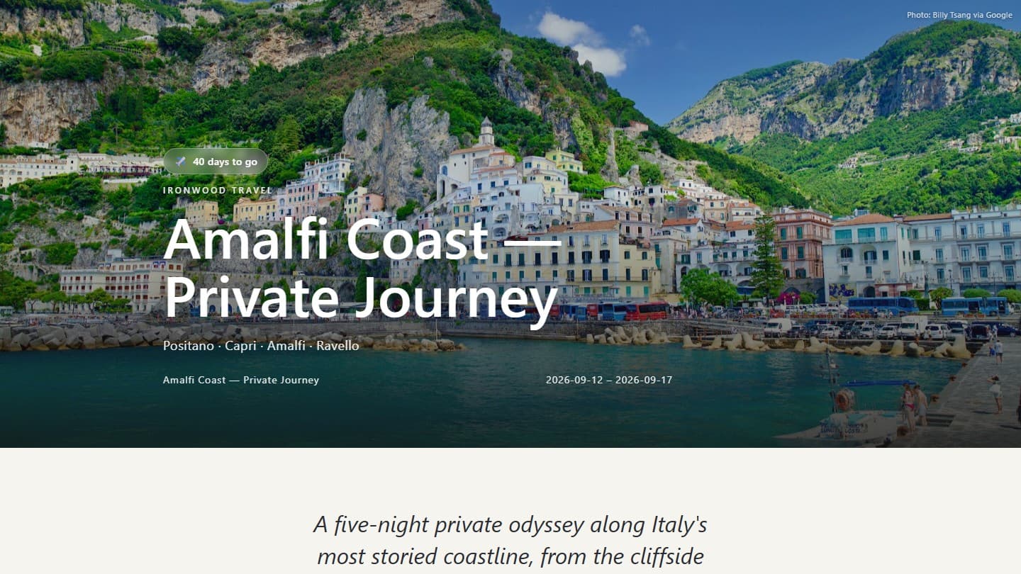 An Ivory Maps itinerary page for a private Amalfi Coast journey: a photograph of the coastline, the agency's name above the trip title, the stops, the dates and the opening lines of the written introduction.